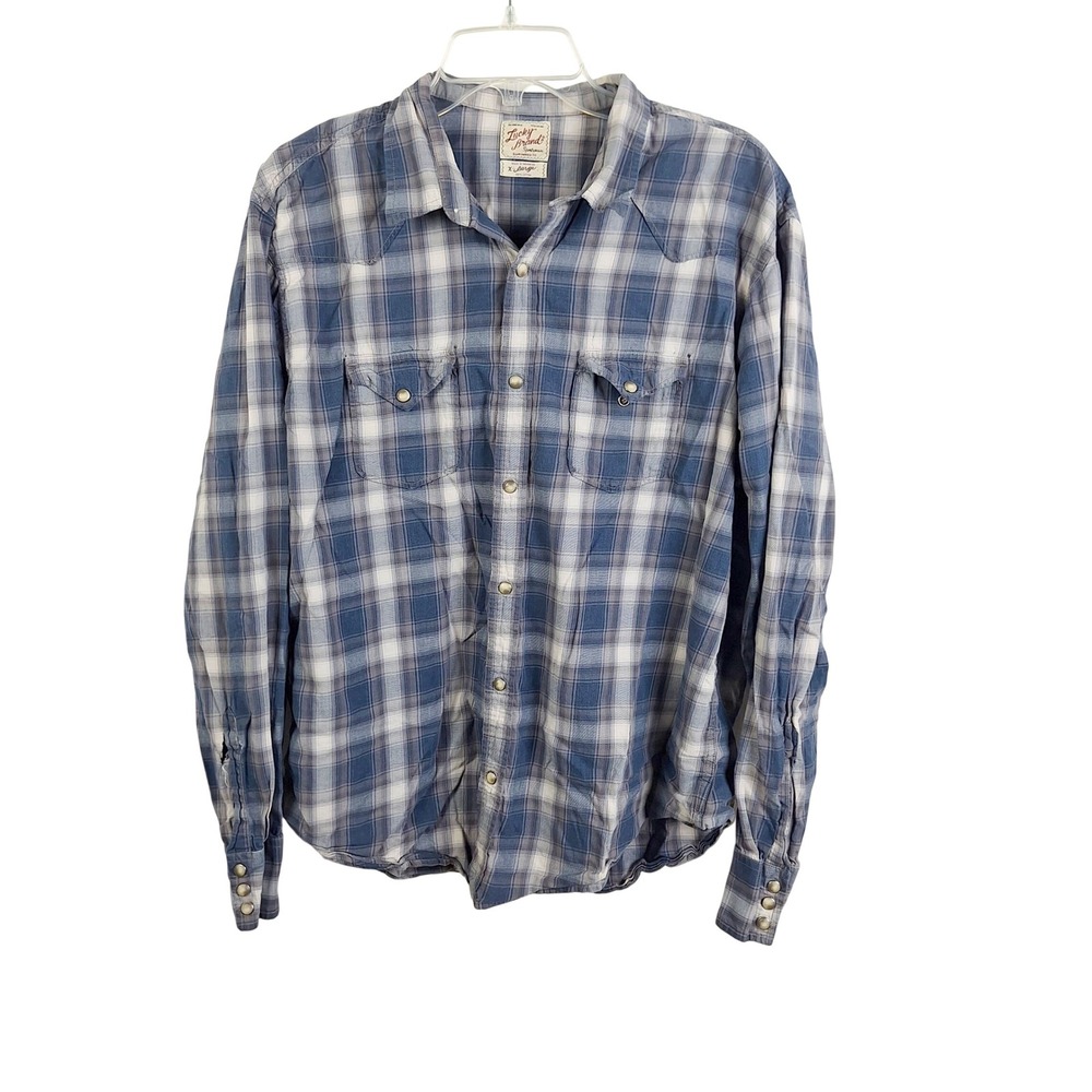 Lucky Brand Mens XL Western Pearl Snap Shirt Blue Plaid Long/S Cotton Grunge